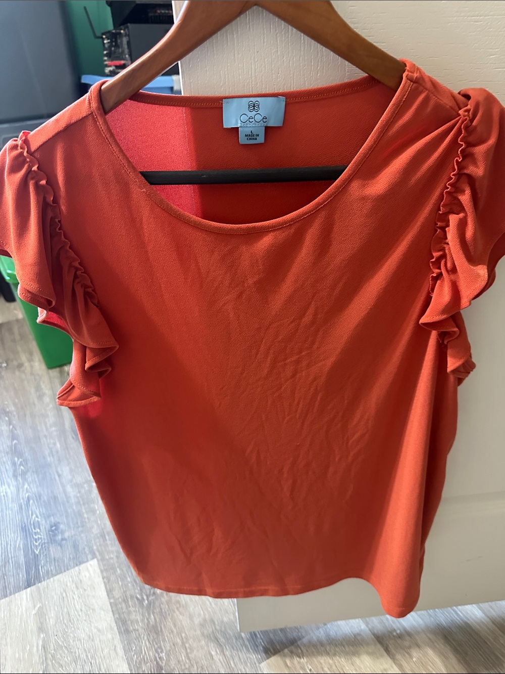 CeCe Coral-Orange Ruffle Sleeve Scoop Neck Blouse